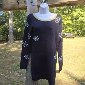 It's Our Time- Long Sleeved- Sweater Dress- Gold Trim and White Snowflakes- Med